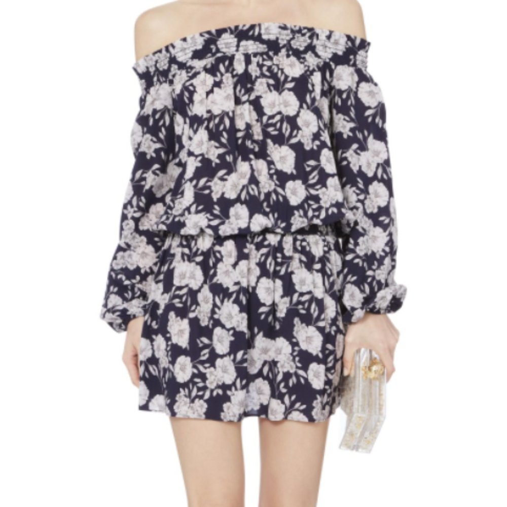 Intermix Size P (XS) Emily Off Shoulder Dress‎ Floral Smocked Long Sleeve Mini